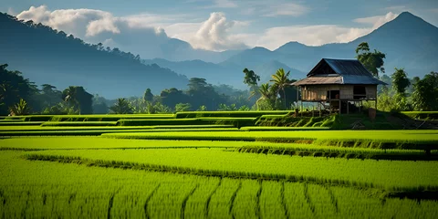 Foto op Canvas Rural scene abandoned cottage is located with green rice seedlings in a paddy field GENERATIVE AI © Hadi