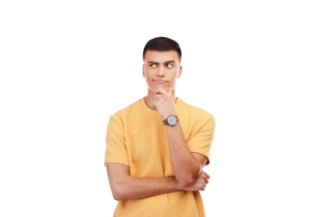 Fashion, thinking and problem solving with a man isolated on a transparent background for a decision. Idea, question and why with a young person looking confused or curious about a solution on PNG