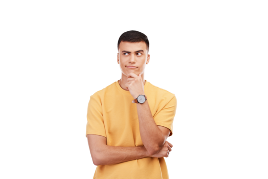 Fashion, thinking and problem solving with a man isolated on a transparent background for a decision. Idea, question and why with a young person looking confused or curious about a solution on PNG