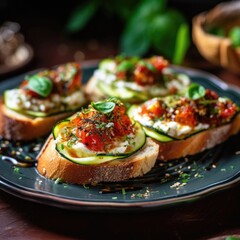 Traditional Italian bruschetta with cherry tomatoes, cream cheese, basil leaves, capers and balsamic vinegar on a wooden cutting board. Close up. - 650642063