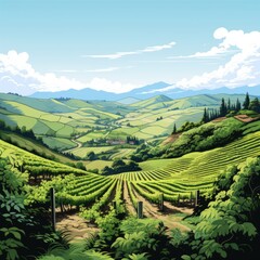 Lush vineyards cover the rolling hills in cartoon style
