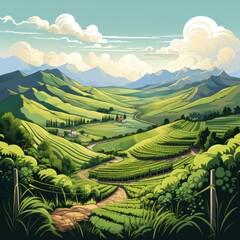 Lush vineyards cover the rolling hills in cartoon style