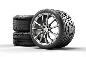 gray car tire set with black and silver wheel on white background