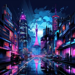 Bright neon lights illuminate the city streets