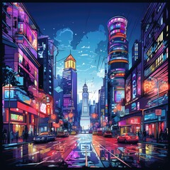 Bright neon lights illuminate the city streets