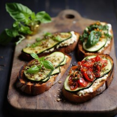 Italian bruschetta with roasted tomatoes, mozzarella cheese and herbs on a cutting board - 650643040