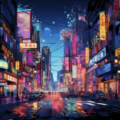 Bright neon lights illuminate the city streets