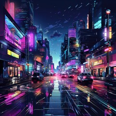 Bright neon lights illuminate the city streets