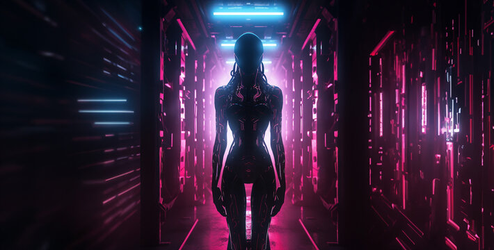 abstract female robot standing alone in dark room light hd wallpaper