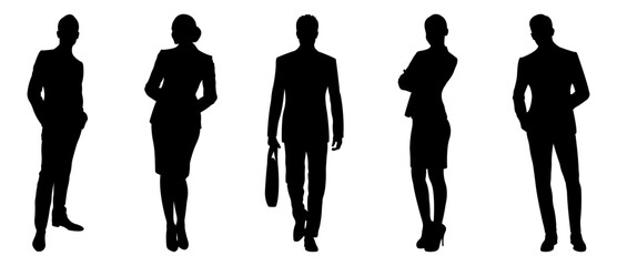 Silhouettes of men and women.Group of standing business people.Vector illustration,isolated on white background.