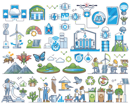 Smart city sustainability and environment friendly urban area outline collection set. Elements with 5G, IOT and AI automation for effective resources reusage and modern research vector illustration.