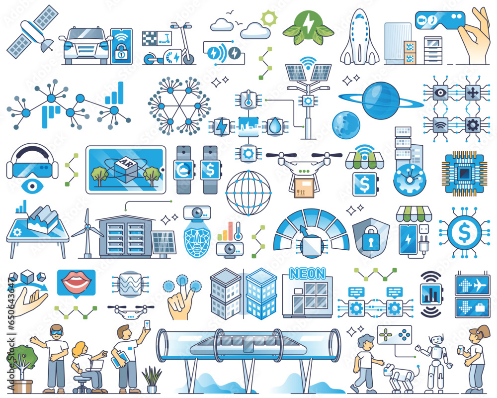 Poster smart city technology and modern ai, 5g connectivity outline collection set. elements with iot signa