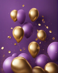 Obraz na płótnie Canvas golden and purple balloons with particles banner template