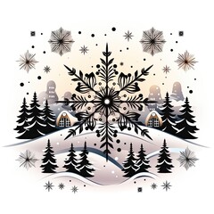 Sparkling snowflakes blanket the town in cartoon style