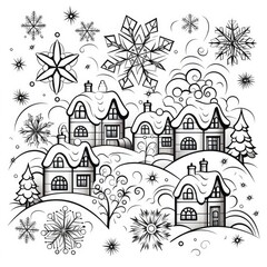 Sparkling snowflakes blanket the town in cartoon style