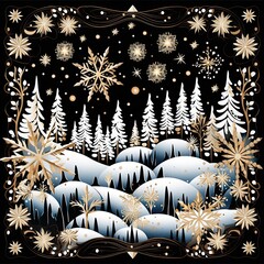 Sparkling snowflakes blanket the town in cartoon style