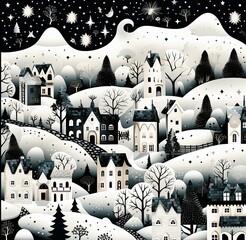 Sparkling snowflakes blanket the town in cartoon style