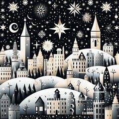 Sparkling snowflakes blanket the town in cartoon style