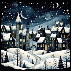 Sparkling snowflakes blanket the town in cartoon style