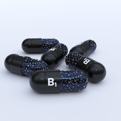 Vitamin B1 With Black Capsules, Granules and White Background