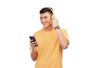 Happy man, headphones and phone in studio for music, radio or audio with smile on transparent png background. Listen, smartphone and person with digital media streaming hip hop, sound or podcast