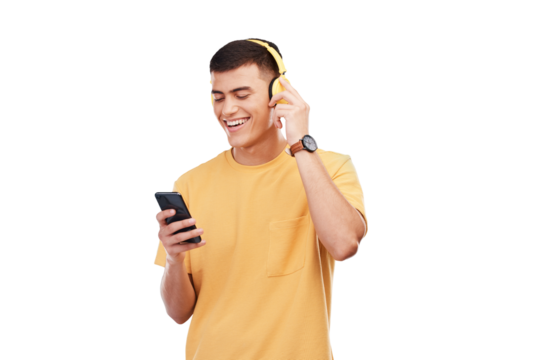Happy man, headphones and phone in studio for music, radio or audio with smile on transparent png background. Listen, smartphone and person with digital media streaming hip hop, sound or podcast