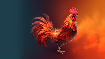 Fototapeta premium rooster with brown plumage is crowing against the background of nature outdoor. space for text. banner