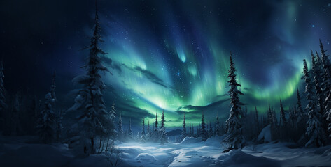 north pole auroras blue and green snow on trees and glow hd wallpaper  - obrazy, fototapety, plakaty