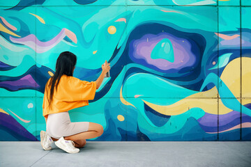 Street artist painting colorful graffiti on wall - 650644822
