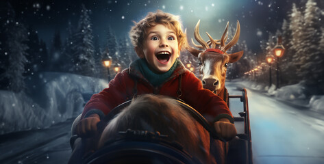 Little boy drives Santa's sleigh pulled by reindeer a hd wallpaper