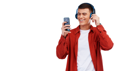 Headphones, happy man and phone in studio for music, radio or audio with smile on transparent png background. Listen, smartphone and person with digital media streaming techno, sound or podcast