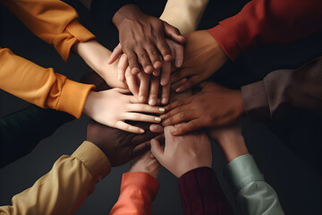 Close up top view of young business people putting their hands together. Stack of hands. Unity and teamwork concept. Group of multiracial people - obrazy, fototapety, plakaty