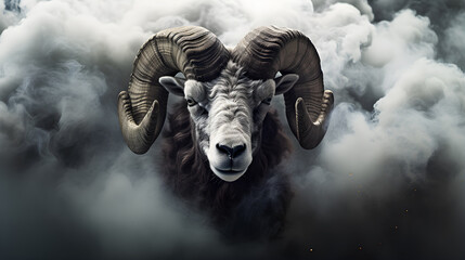 majestic ram with huge horns in smoke behind it - obrazy, fototapety, plakaty