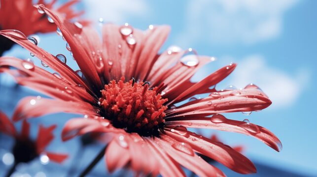 Macro close up of blooming red gerbera daisy flower with dewdrops in a meadow with green grass and summer blue sky bokeh background.