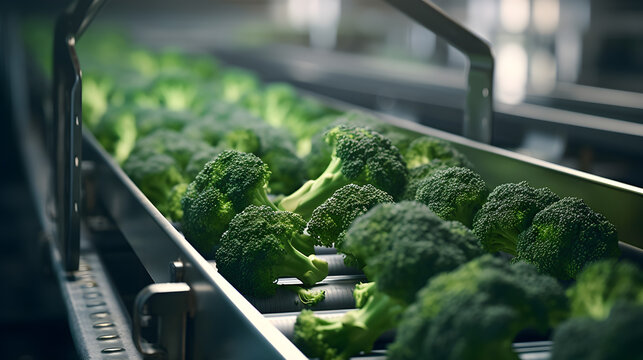 Broccoli Being Loaded On Conveyor Belt In A Factory