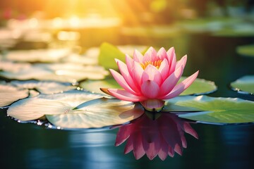Beautiful pink lotus flower with green leaves in the pond Pink lotus flowers blooming on the water magical - Powered by Adobe