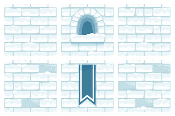 Snow Castle Wall Collection, Set of Seamless Texture Tiles. Winter Cartoon Brick Textures, Windows and Flags, Seamless Background Collection for Game, Web Design, Textile, Prints And Cafes.
