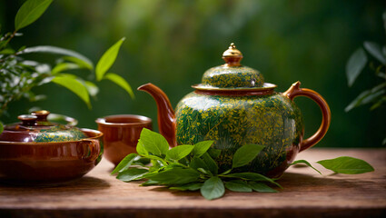Obraz na płótnie Canvas Vintage beautiful teaware, tea leaves