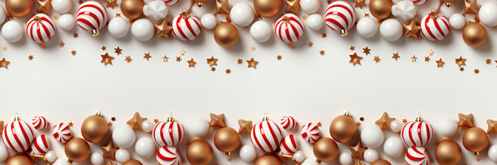 Obraz premium Seamless. A customizable Christmas banner featuring baubles against a white background, providing a versatile template for adding your holiday message. Photorealistic illustration