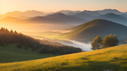 Misty Mountain Sunrise: Tranquil Autumn Beauty in Nature.
Autumn dawn in misty forest with tranquil scenery, no people.