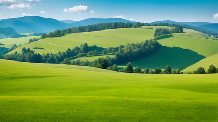 Tranquil Green Landscape with Lush Foliage, Rolling Hills, and a Serene Sky.
Scenic rural field with lush green foliage and no people.