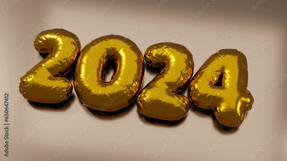 Poster festive, new year's animation of the date of 2024 new year. golden balloons-numbers inflate and acqu