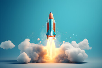 Rocket with clouds flying over. Spaceship launch. Start Up scene. Concept of market startup
