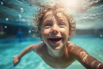 Happy kid have fun in swimming pool. swimming under water, Funny child swim, dive in pool - obrazy, fototapety, plakaty