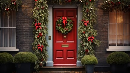 New Year's wreath on the door. - obrazy, fototapety, plakaty