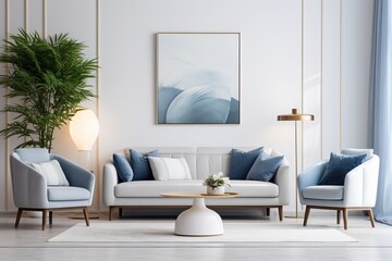 The luxurious room simulates a modern bright interior living room.