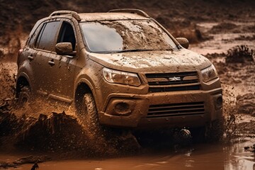 Fototapeta premium Off-road travel Car driving through mud Passed hard