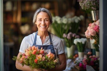 Portrait of happy woman standing in her flower shop. Cheerful mature saleswoman is waiting for customers of the flower shop.