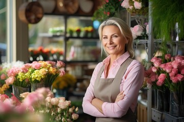 Fototapeta premium Portrait of happy woman standing in her flower shop. Cheerful mature saleswoman is waiting for customers of the flower shop.