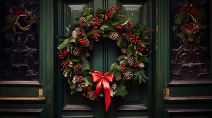 Fototapeta na wymiar New Year's wreath on the door.